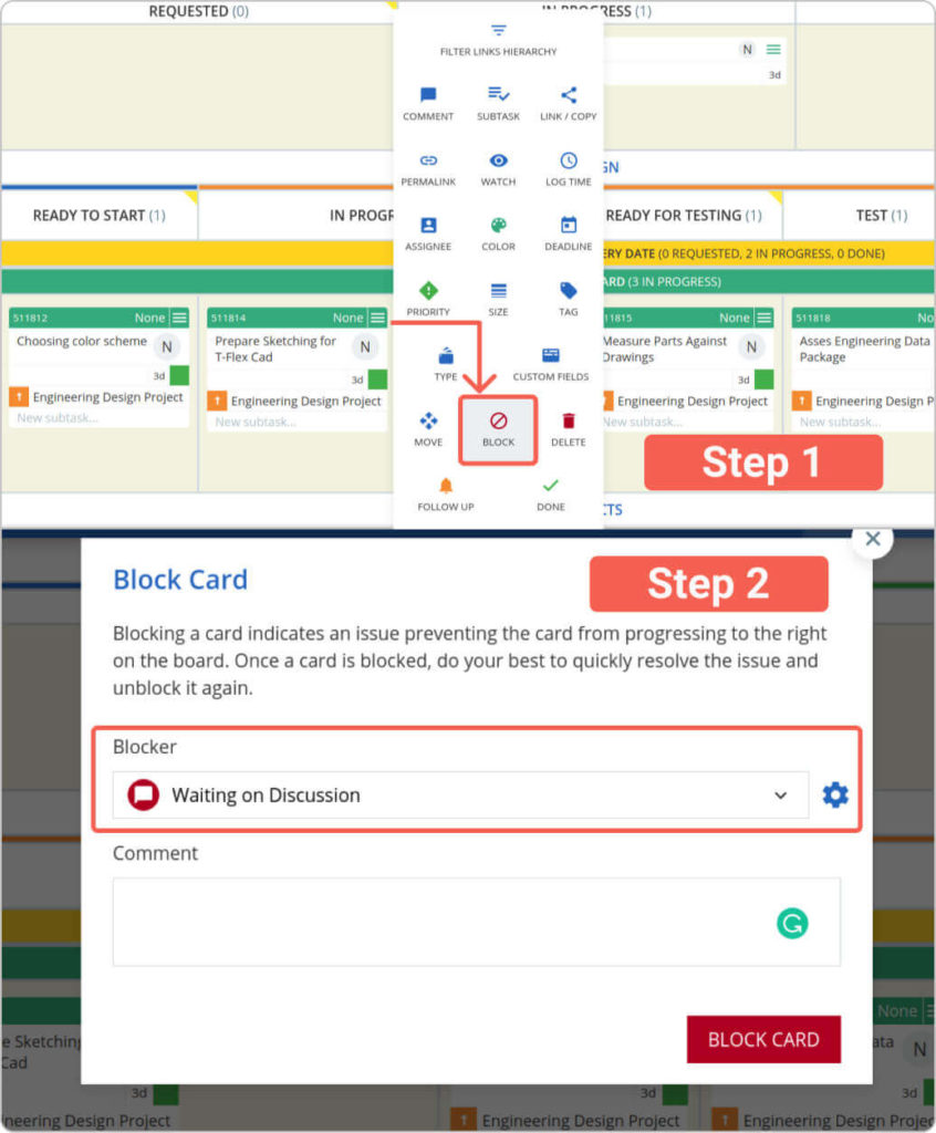 apply a blocker on a kanban card in kanbanize