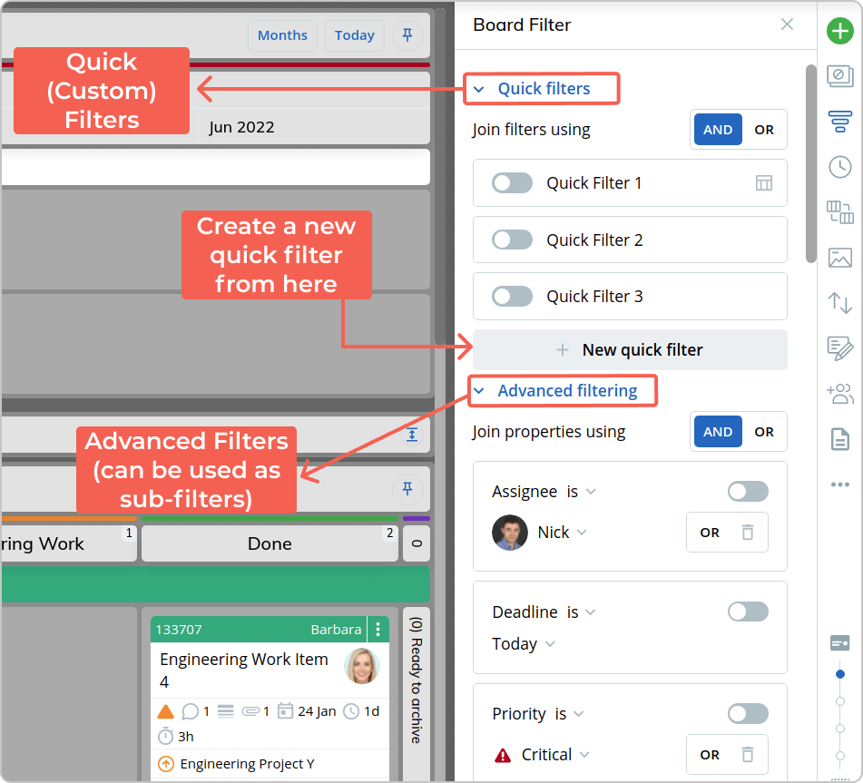 quick filters on a kanban board