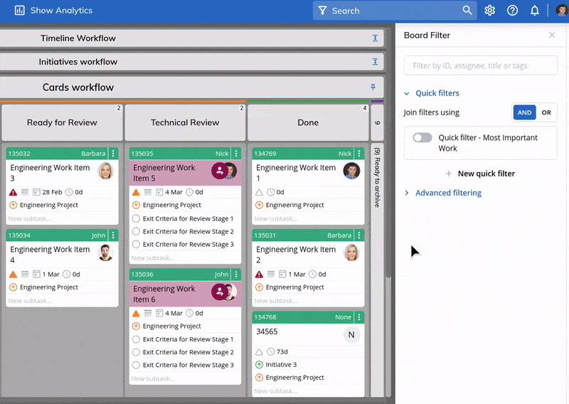 using a sub-filter on a kanban board in a combination with a quick filter